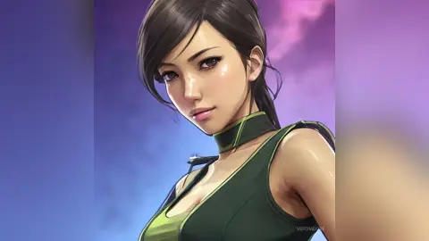 Digital art of a beautiful woman in a green sleeveless outfit against a dreamy purple background.
