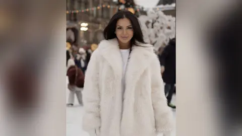 Smiling woman in a cozy white faux fur coat enjoying a winter day at an outdoor ice skating rink.