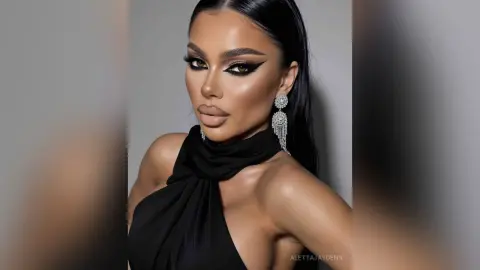 Glamorous woman with dramatic winged eyeliner and silver statement earrings wearing a chic black halter dress.