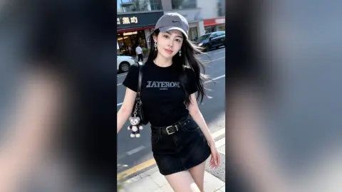 Young woman in black graphic t-shirt and denim skirt walking on a city street wearing a grey baseball cap.
