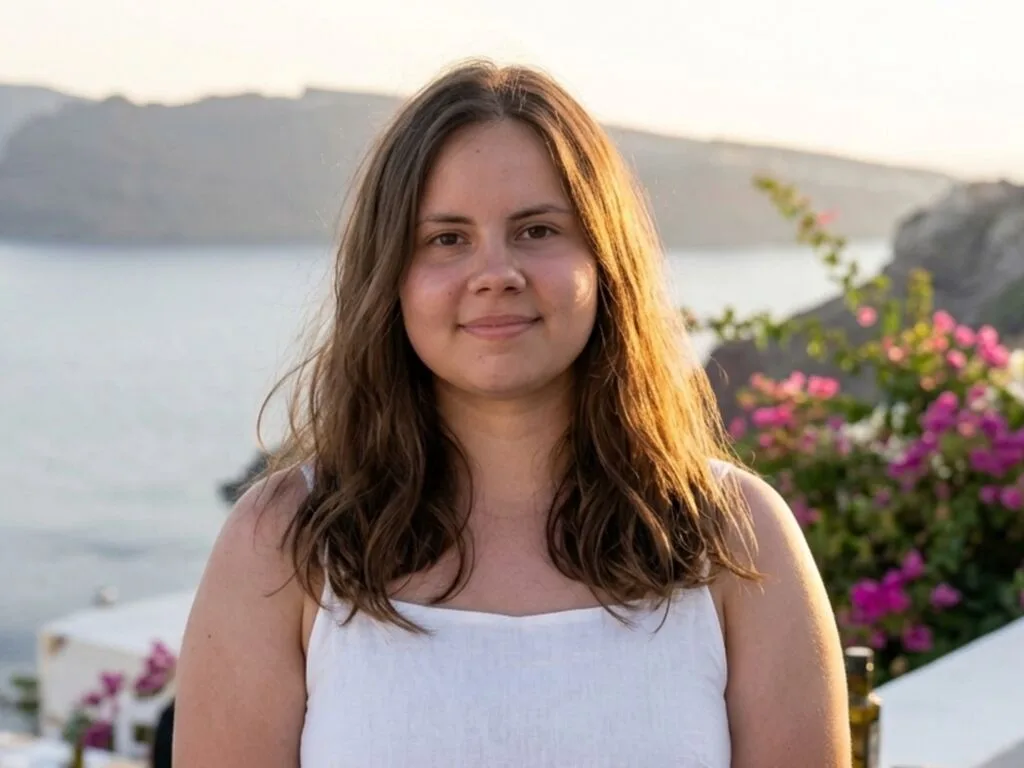 DaisyHarts — DaisyHarts smiles in a white tank top with long brown hair against a coastal background.