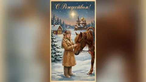 Vintage Christmas card illustration of a girl in a fur hat petting a brown horse in a snowy winter village.