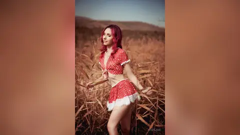 Woman in a red polka dot crop top and skirt posing in a dreamy golden field at sunset.