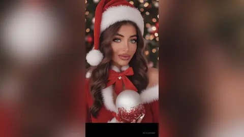 Beautiful woman in a festive red Santa outfit holding a silver Christmas ornament in a cozy holiday setting.