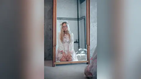 Dreamy portrait of a blonde woman in a pink floral dress sitting in a minimalist industrial loft setting.