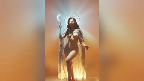 Ethereal goddess in a sheer lace cape holding a crescent moon against a warm, glowing celestial background.