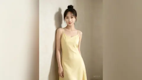Elegant woman in a pale yellow satin slip dress leaning against a neutral wall in a minimalist setting.