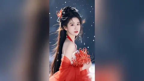 Elegant woman in a red flowing gown with floral hair accessories posing in a dreamy snowy atmosphere.