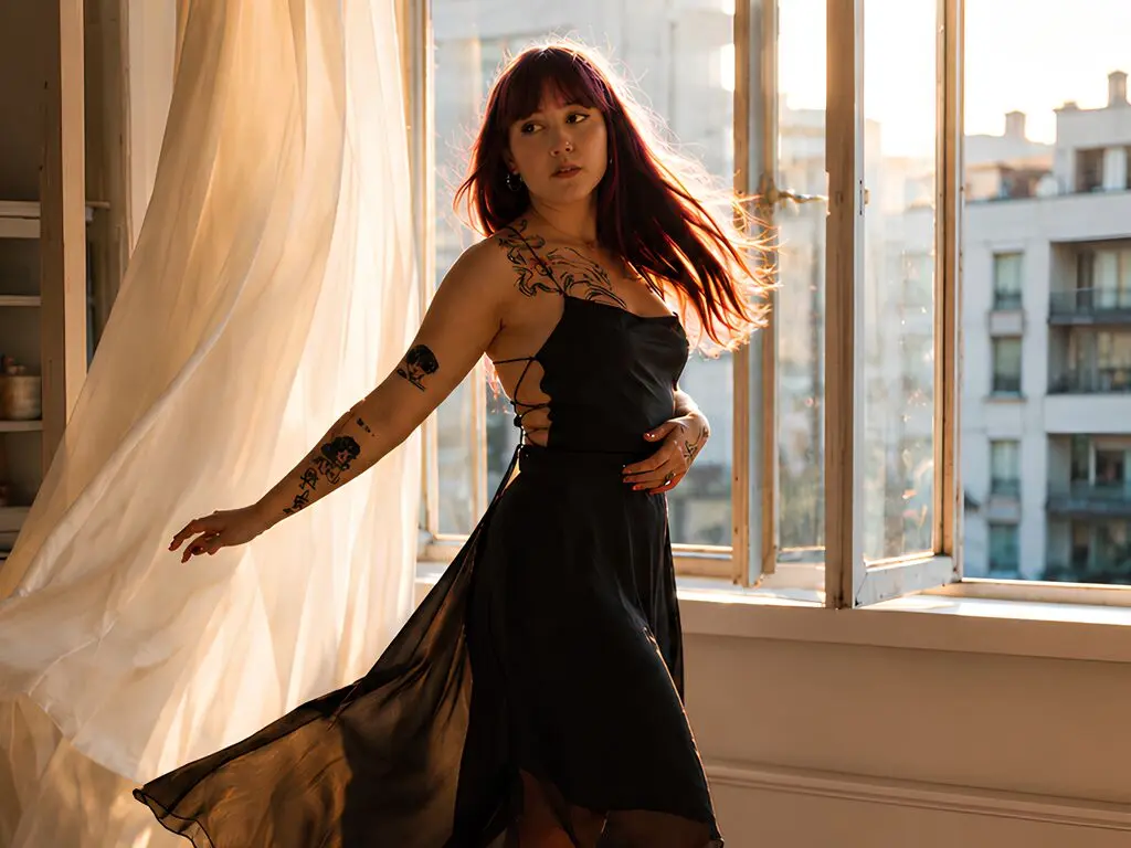 Tattooed woman in a black flowing dress standing by a sunlit window in a bright, airy room.