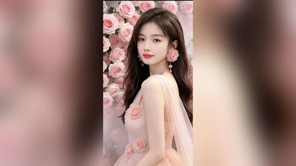 liyufei — liyufei poses in a pink floral dress with long wavy hair against a background of pink roses.