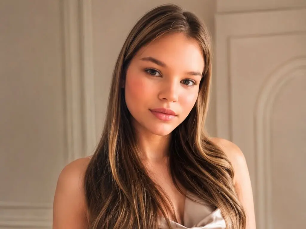 Young woman with long brown hair in a neutral indoor setting with soft, warm lighting.