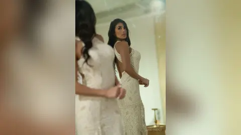 Elegant woman in a white lace backless gown looking into a mirror in a bright, luxurious room.