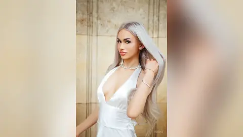 Elegant woman in a white satin dress posing against a stone wall with long silver hair.