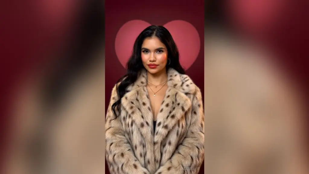 CelesteLust — Elegant woman in a luxurious leopard print faux fur coat posing against a romantic red heart background.