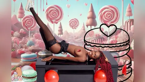 Nude woman in black lingerie lying on a table in a whimsical pink candy wonderland with giant lollipops.