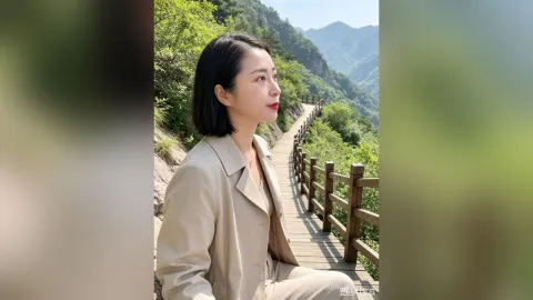 AuraraFeng — AuraraFeng sits on a wooden walkway overlooking lush green mountains in a beige suit.