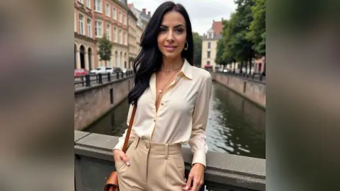 Elegant woman in a cream silk blouse and beige trousers standing by a scenic city canal.