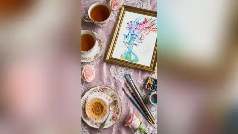 Watercolor painting of a blue mermaid in a gold frame set on a pink tablecloth with tea and pastries.