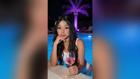 Young woman with long dark hair in a white tank top holding a glass of rosé by a glowing blue swimming pool at night.