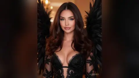 Beautiful brunette woman in a black lace corset with large black feathered wings in a moody studio setting.