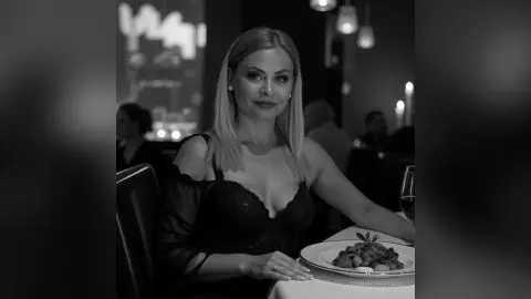 Elegant woman in a black lace dress dining at a moody, dimly lit upscale restaurant.