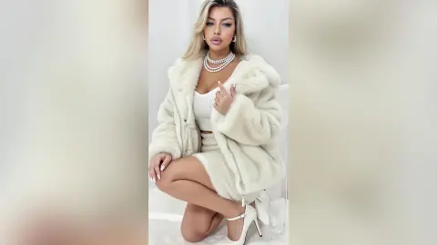 NicolePeach poses in a white furry coat and matching skirt, wearing a pearl necklace and white high heels against a plain white background.