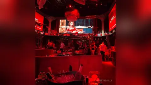 EvelynMills poses in a red dress on a stage behind a bar counter filled with ice and bottles.