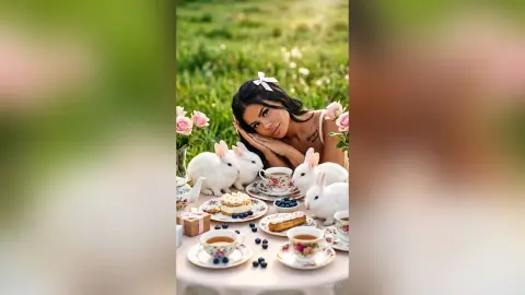 Young woman in a white bow relaxing in a meadow with white rabbits and a tea party spread.