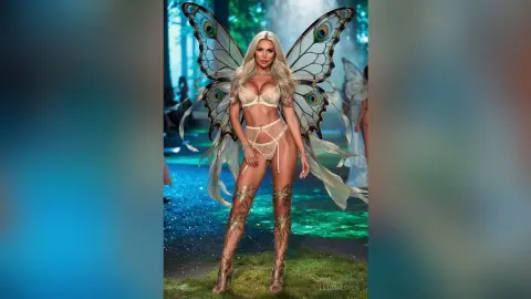 Blonde woman in a white fairy costume with large wings and gold accessories in a magical forest setting.
