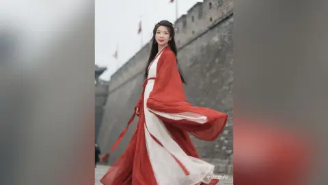Elegant woman in flowing red and white traditional Hanfu dress standing by an ancient stone fortress wall.