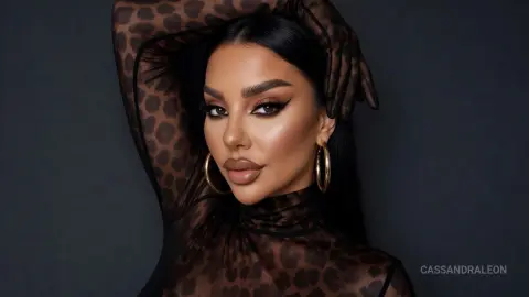 Glamorous woman in a leopard print sheer turtleneck posing with gold hoop earrings against a dark background.