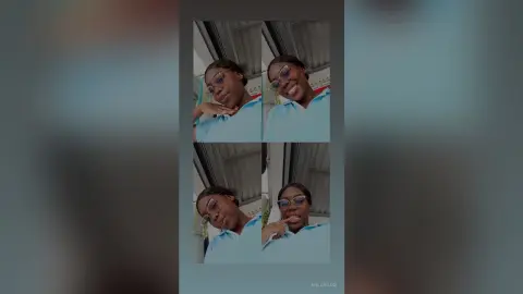 Smiling young woman in a light blue shirt and glasses posing for a cheerful indoor selfie collage.