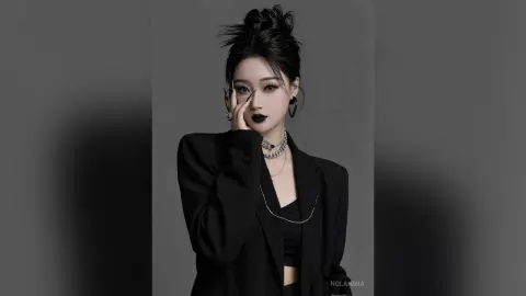 Stylish woman in a black blazer and silver jewelry posing with a moody, edgy aesthetic against a gray background.