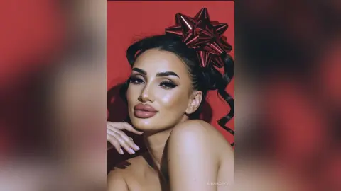 AnnaKarev poses with a large red bow in her dark hair against a red background.