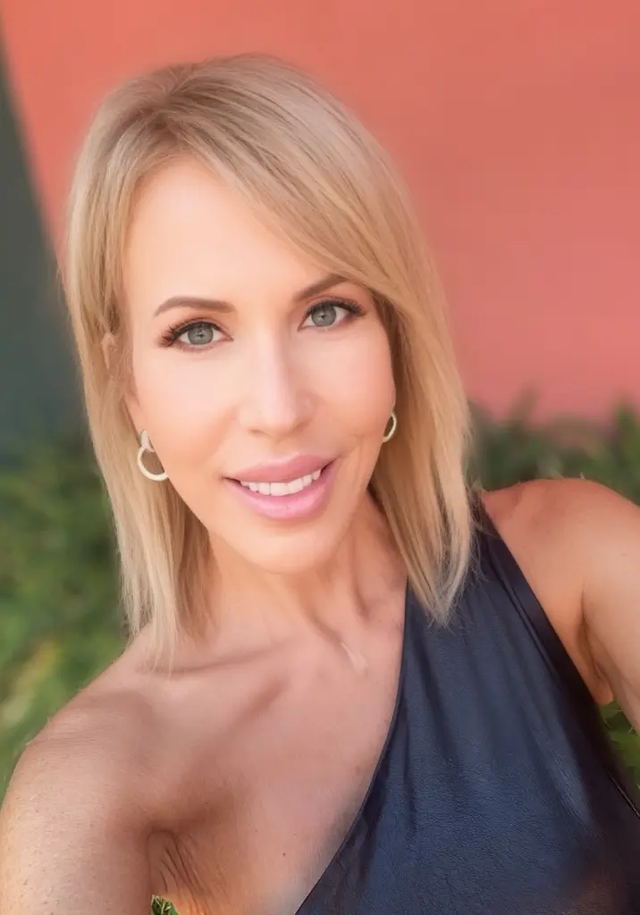 EricaLauren smiles while posing in a low-cut grey top, showing her blonde hair and cleavage.