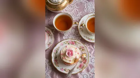 Elegant afternoon tea set with floral porcelain cups and a pink rose cupcake on a lace tablecloth.