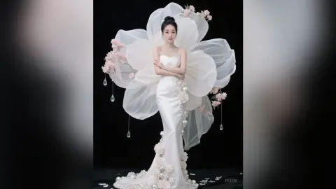 Elegant woman in a white floral mermaid wedding gown with large petal accents in a dreamy studio setting.