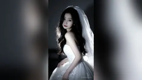 Elegant woman in a white lace wedding dress and veil posing gracefully in a moody, cinematic studio setting.