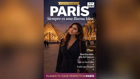 Elegant woman in a black blazer smiling at the Louvre Pyramid in Paris during a golden hour sunset.