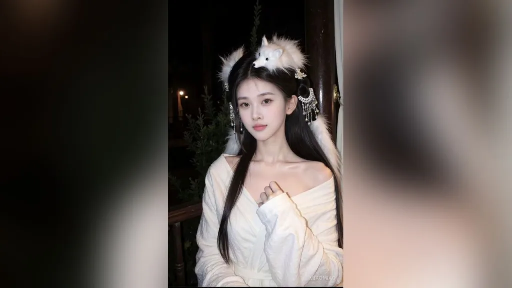 miaomiao — miaomiao wears a white off-the-shoulder top and a fluffy white fox headband while looking at the camera.
