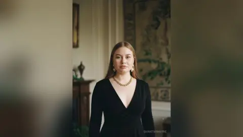 ShantayMayne wears a black long-sleeved wrap dress and gold jewelry while standing in a room with a large tapestry behind her.