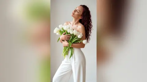 Serene woman in white trousers holding a large bouquet of white tulips in a bright, minimalist setting.