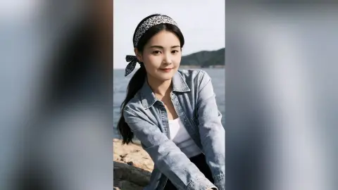 XiaJiaojiao wearing a denim jacket and a patterned headband, posing outdoors by the sea with her hair in a ponytail.