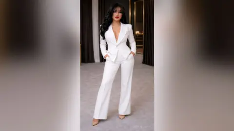Elegant woman in a white tailored pantsuit posing confidently in a modern luxury interior.