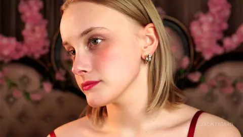 Blonde woman in a red dress with elegant silver earrings posing in a romantic floral setting.