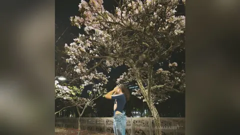 SamaraBert stands outdoors at night, wearing a blue t-shirt and denim jeans, posing next to a large flowering tree.