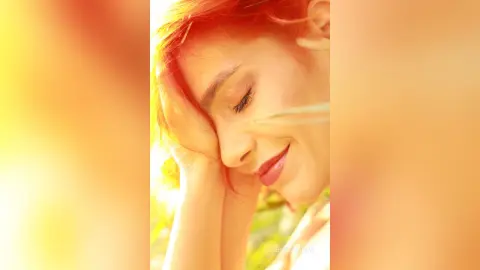 Close-up of a smiling woman with red hair basking in warm, golden sunlight for a peaceful summer mood.