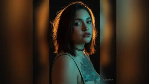 Moody portrait of a young woman with short dark hair and a black choker in warm, cinematic lighting.