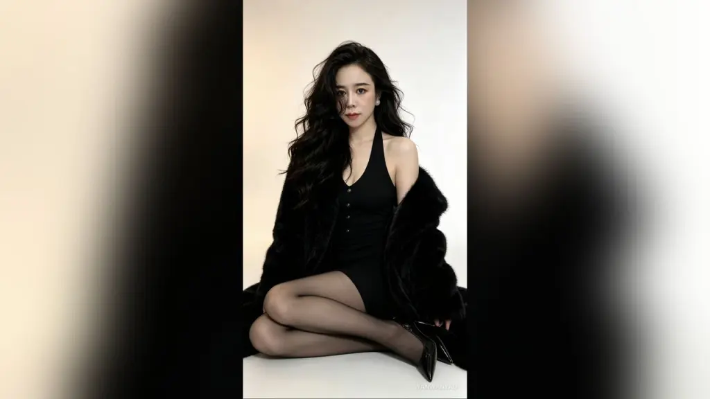 WanwanYao — WanwanYao sits on the floor wearing a black halter bodysuit and a fuzzy black fur coat.