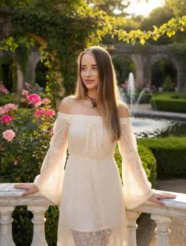 Young woman in a white lace boho dress standing by a rose garden and fountain at sunset.